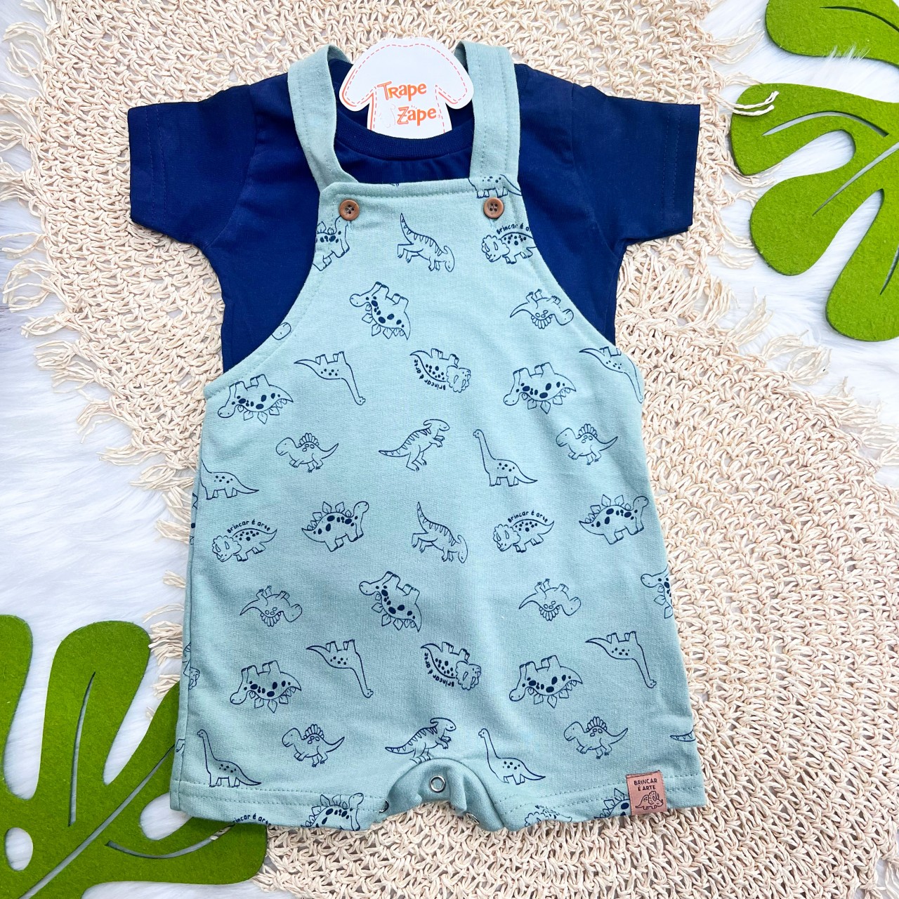Conj. Camiseta e Jardineira em Moletinho Dinos - Verde e Marinho